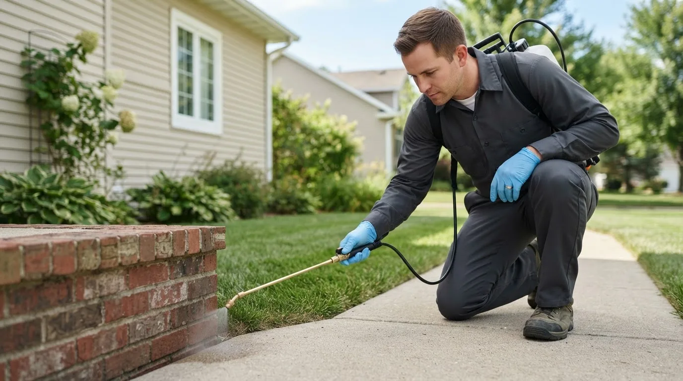 Pest control technician treating a home near Bellemont, AZ